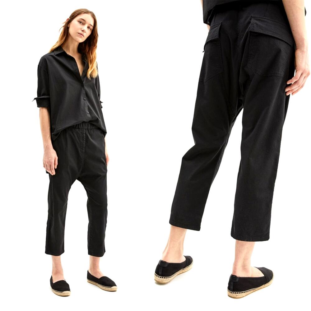 Nili Lotan M Elastic Waist Casablanca Pants $395 Crop Cotton Jet Black NWT